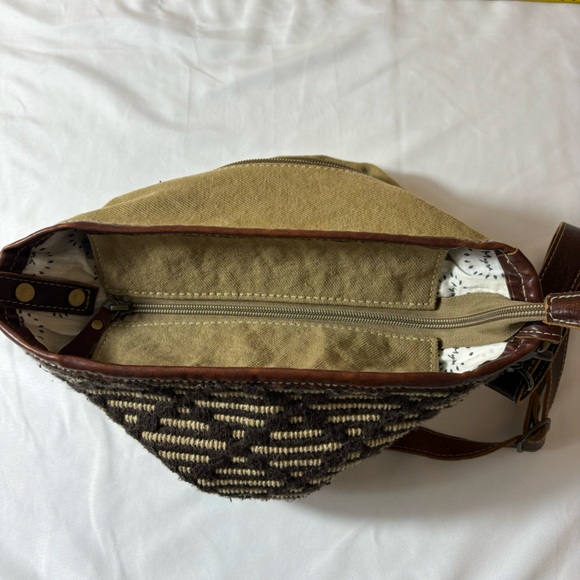 Myra Leather Shoulder Purse Tooled Leather Canvas Crossbody Pocketbook Brown - Picture 9 of 16